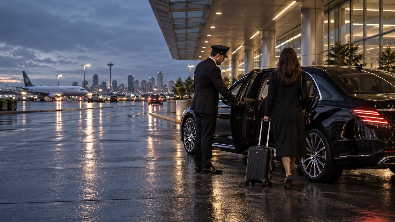 Chauffeur opening a luxury sedan at an airport terminal