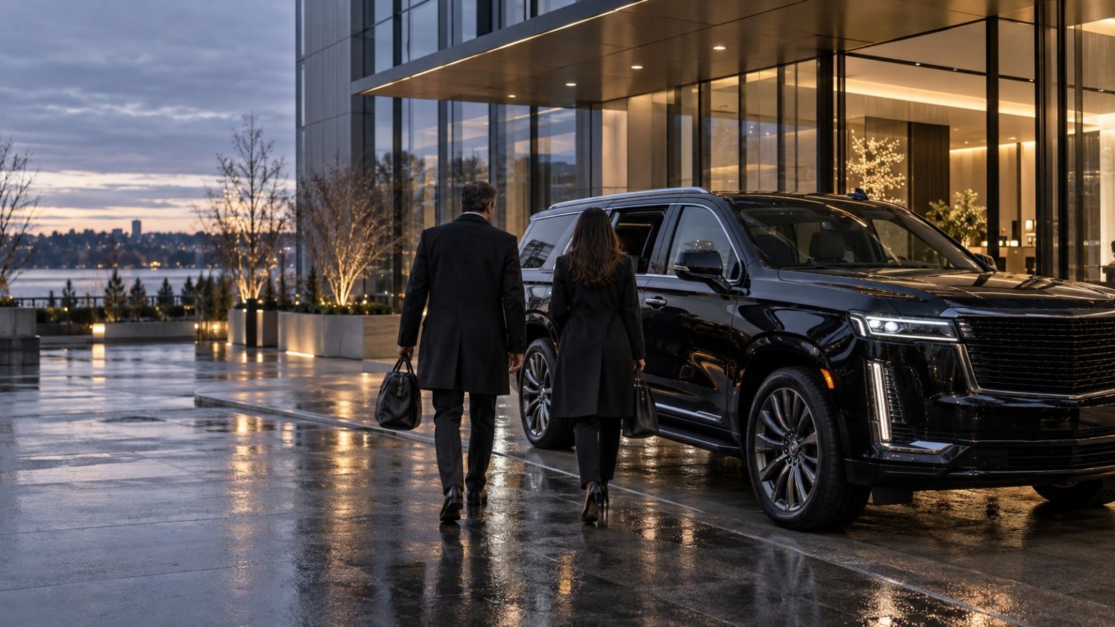 Black luxury SUV arriving at a modern office building