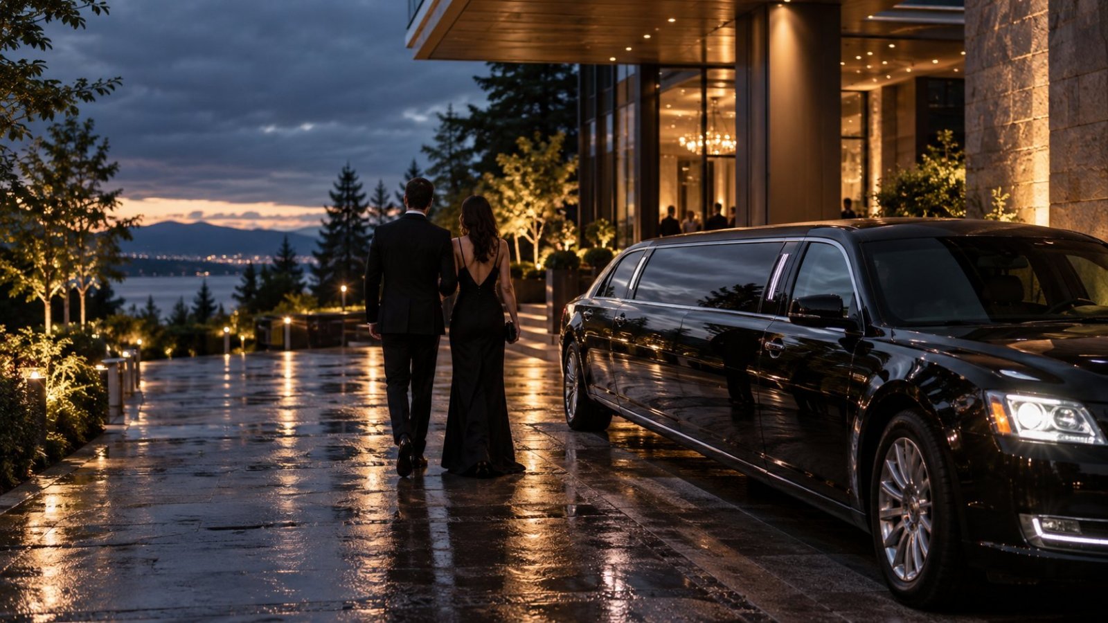 Black limousine arriving at an elegant evening venue
