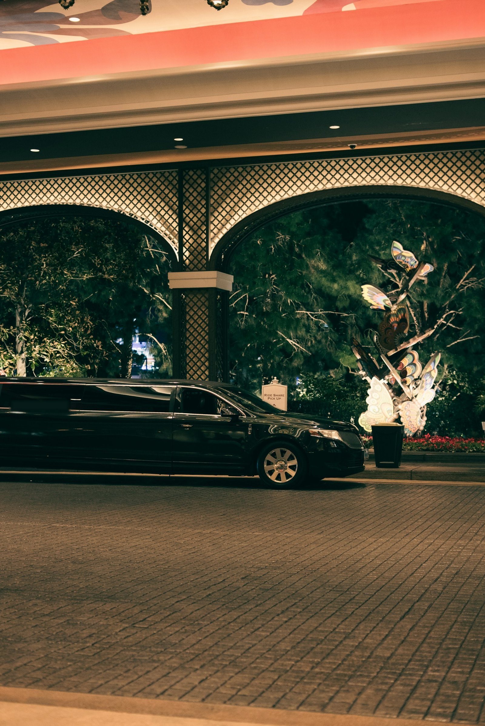 Black stretch limousine outside a hotel entrance at night