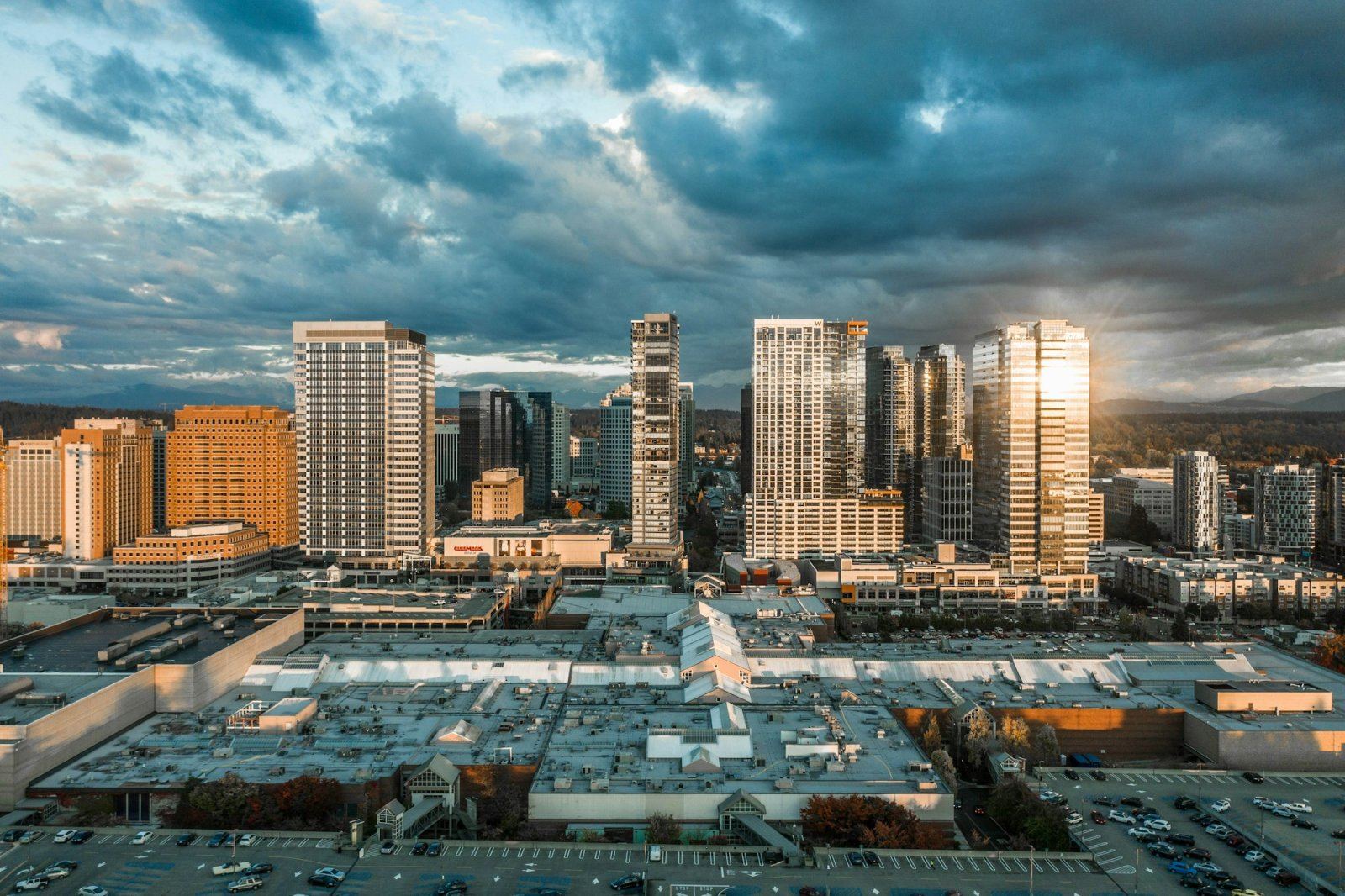 Downtown Bellevue towers under a cloudy sky