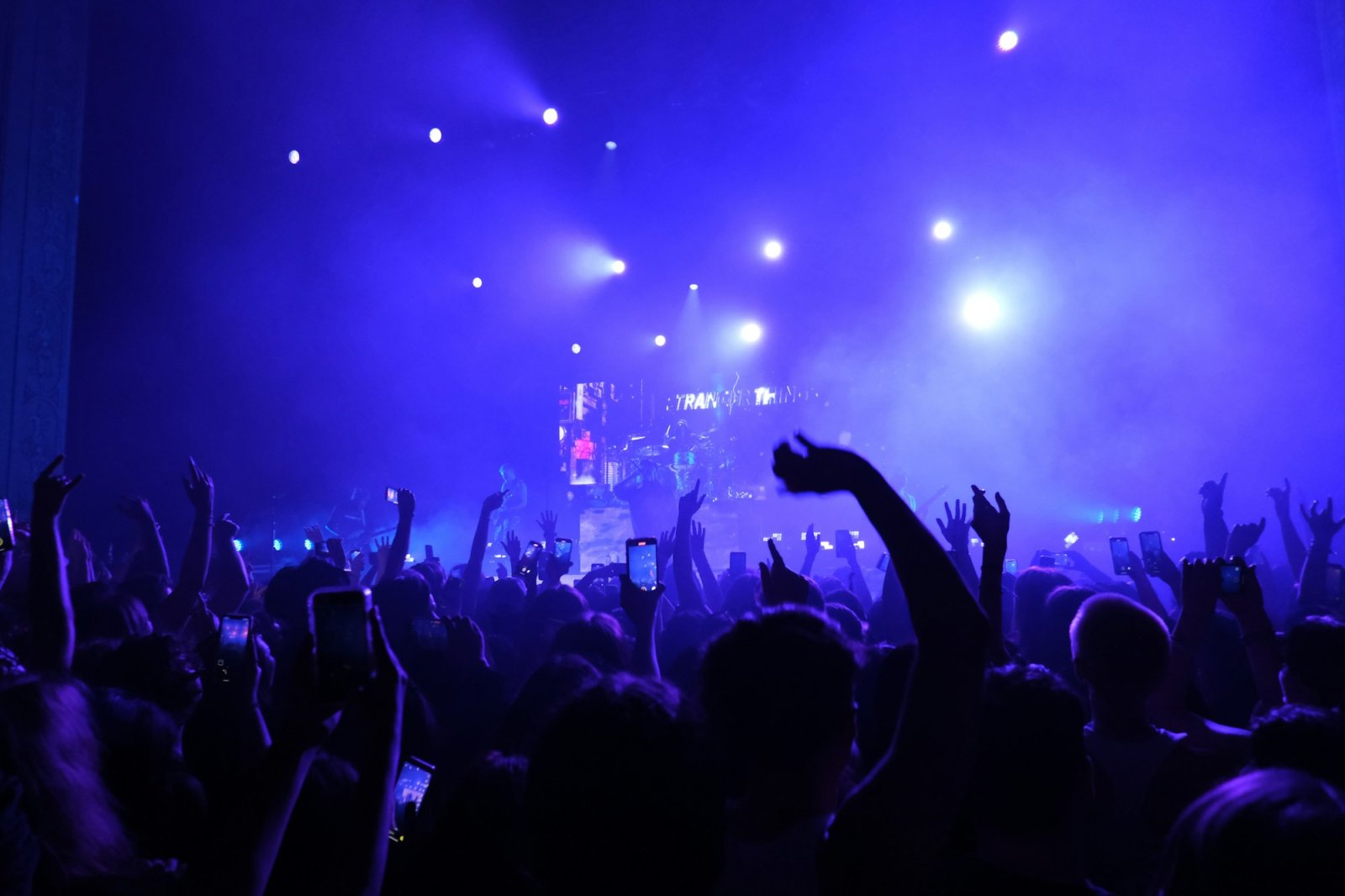 Concert crowd under blue stage lights
