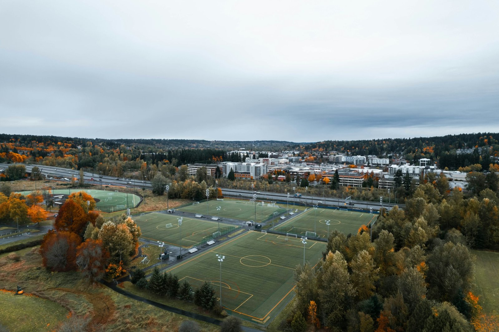 Aerial view of playing fields and forest in the Redmond valley